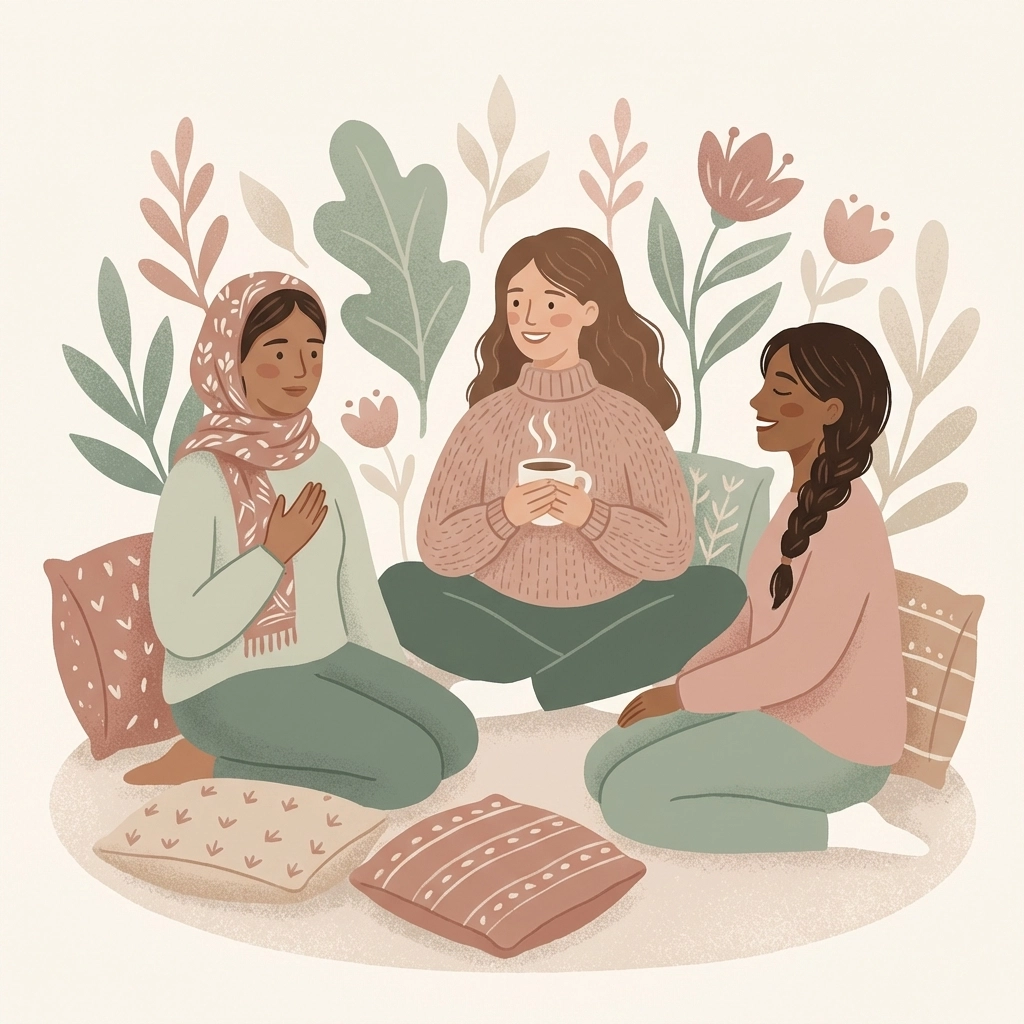 Group of mothers connecting and supporting each other in a nurturing circle, reflecting cultural motherhood support.