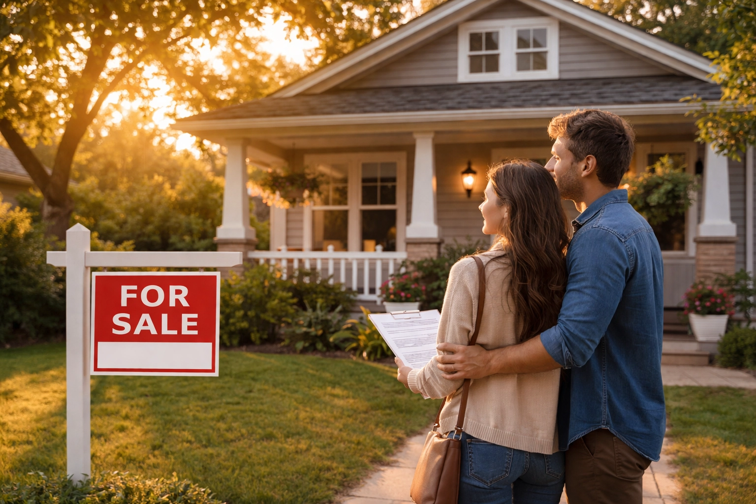 First-time homebuyers stand in front of a house for sale, reflecting on mortgage and CFPB lawsuit implications.