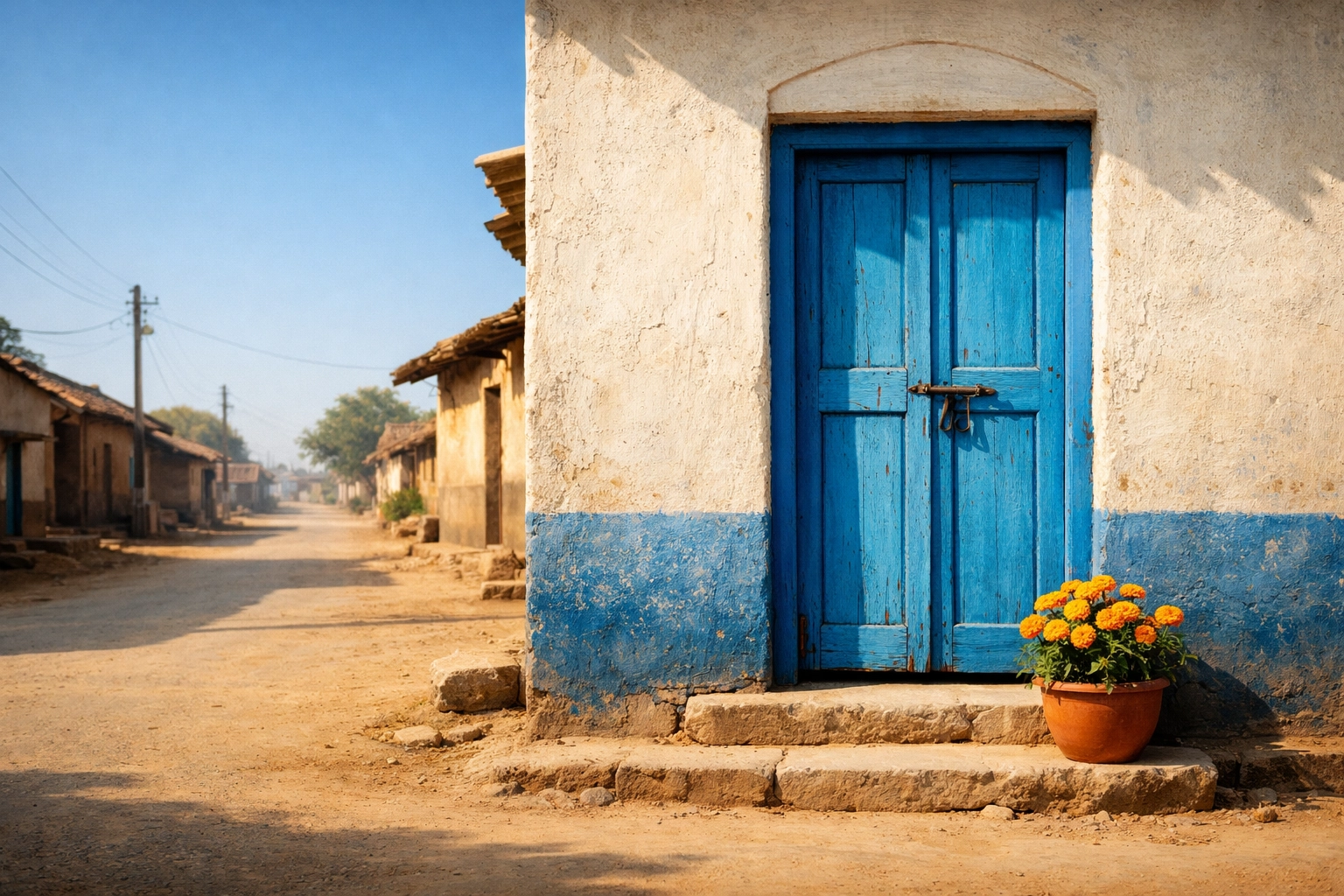 A blue door in a rural Indian village signifying the legal protection of private religious gatherings.