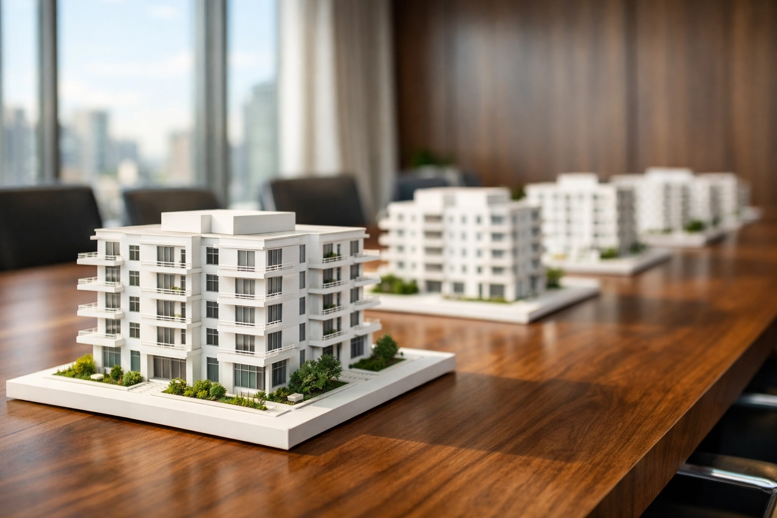 Modern apartment models on a sleek table, representing the scaling of a hands-off Essex property investment portfolio.