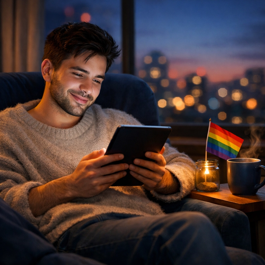 A man enjoys reading a queer fiction ebook on his tablet, showcasing the emotional depth of MM romance books.
