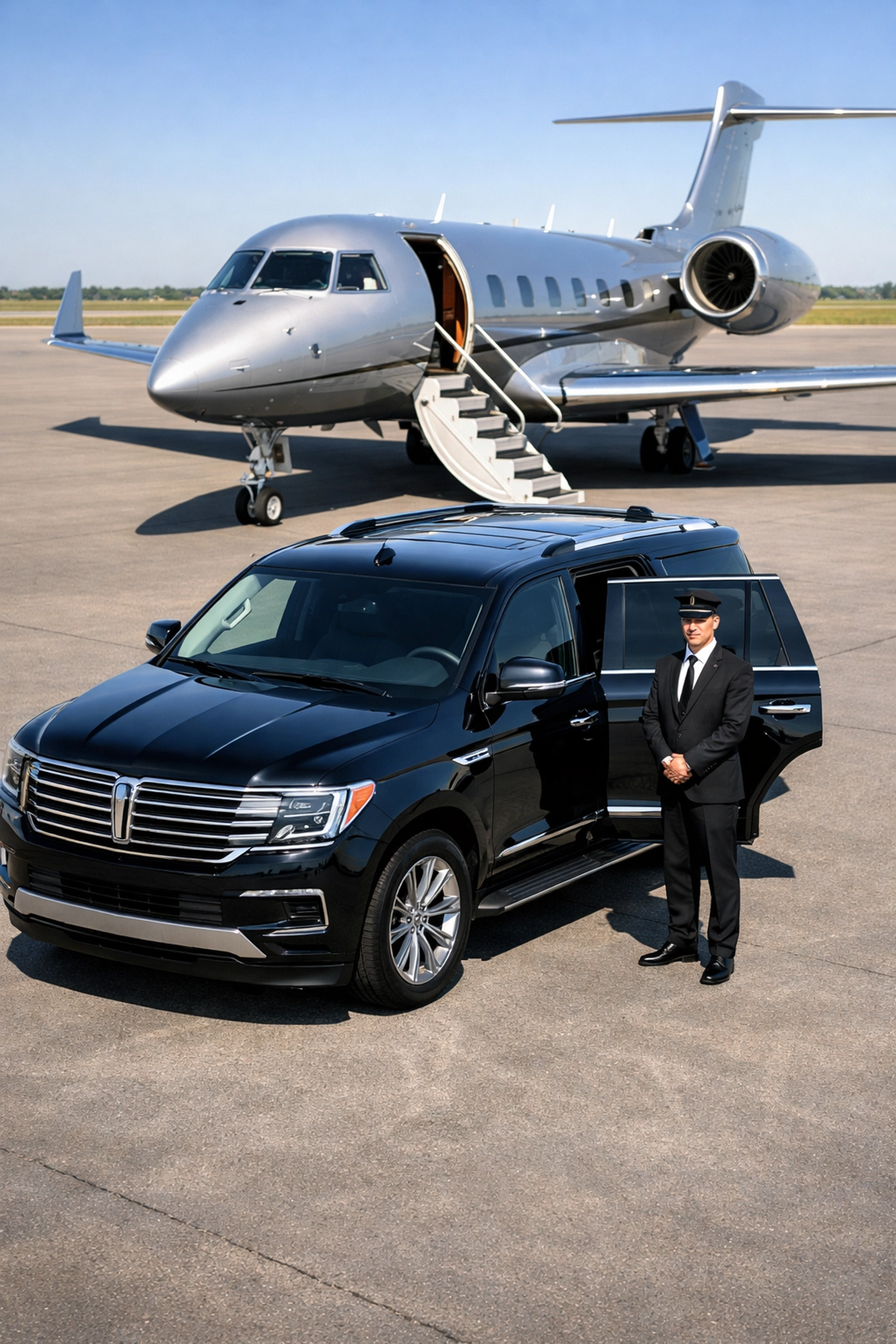 Luxury executive SUV and private jet on a tarmac representing seamless Super Bowl VIP logistics.