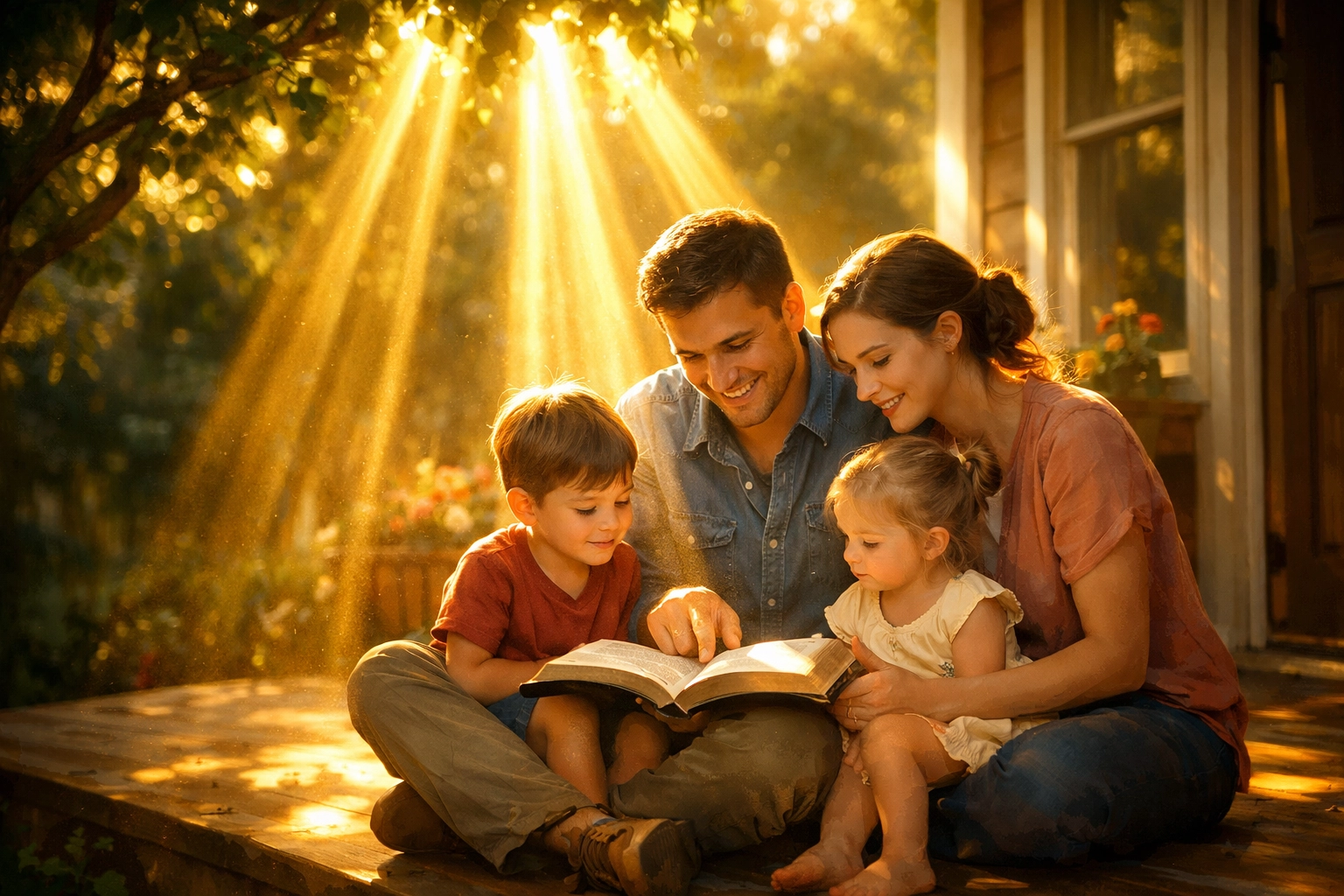 A family reading the Bible on a sunlit porch, showing God's presence in our daily lives and homes.