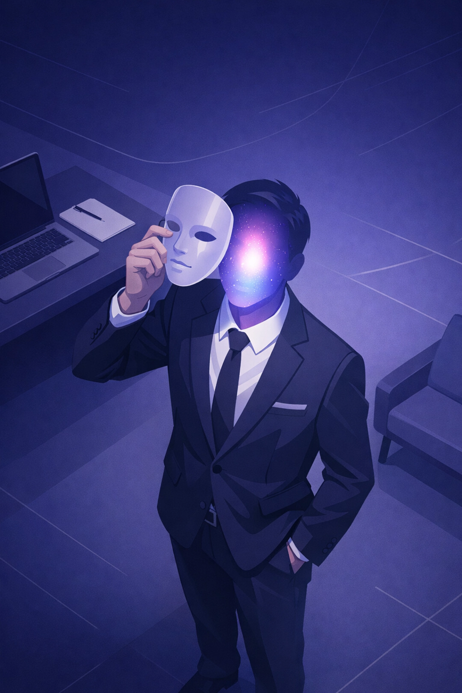 Professional lifting a mask to show a glowing blue core, symbolizing the end of masking after an autism diagnosis.