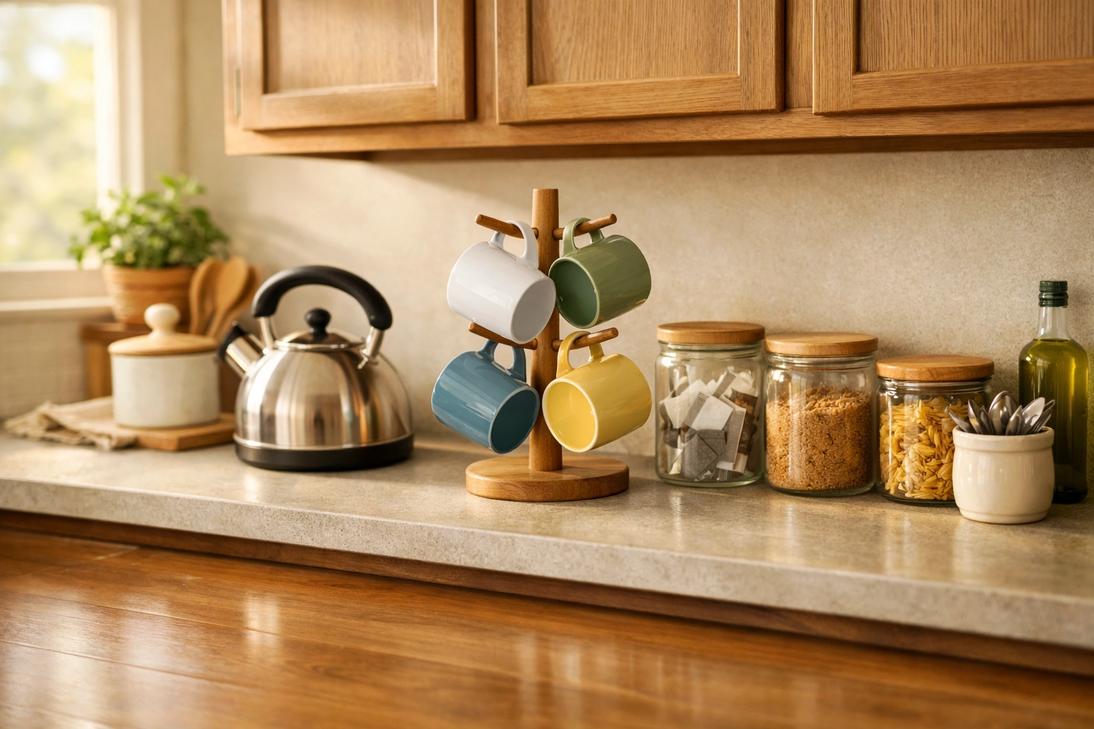 Accessible kitchen organization with daily items kept at waist height to prevent overreaching.