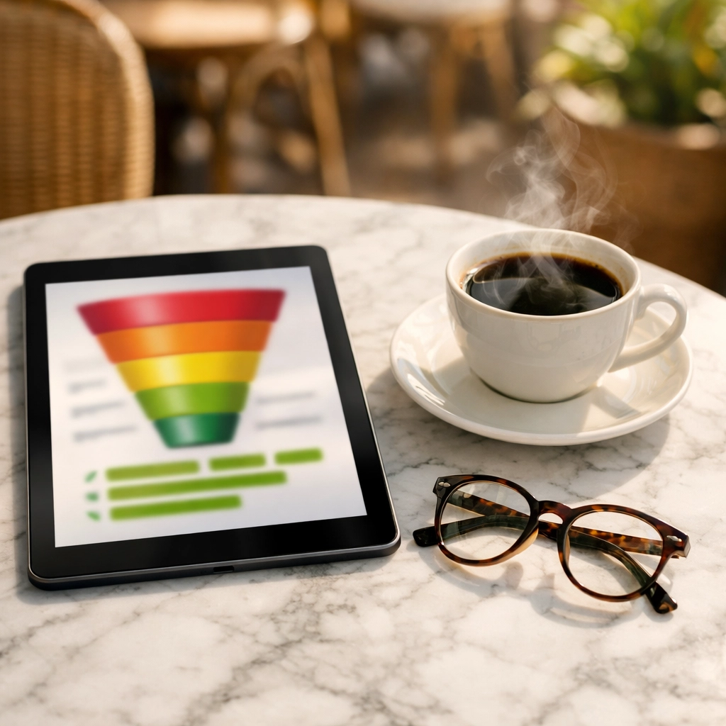 A professional tablet displaying a marketing funnel strategy on a table, illustrating a clean CRM setup for growth.