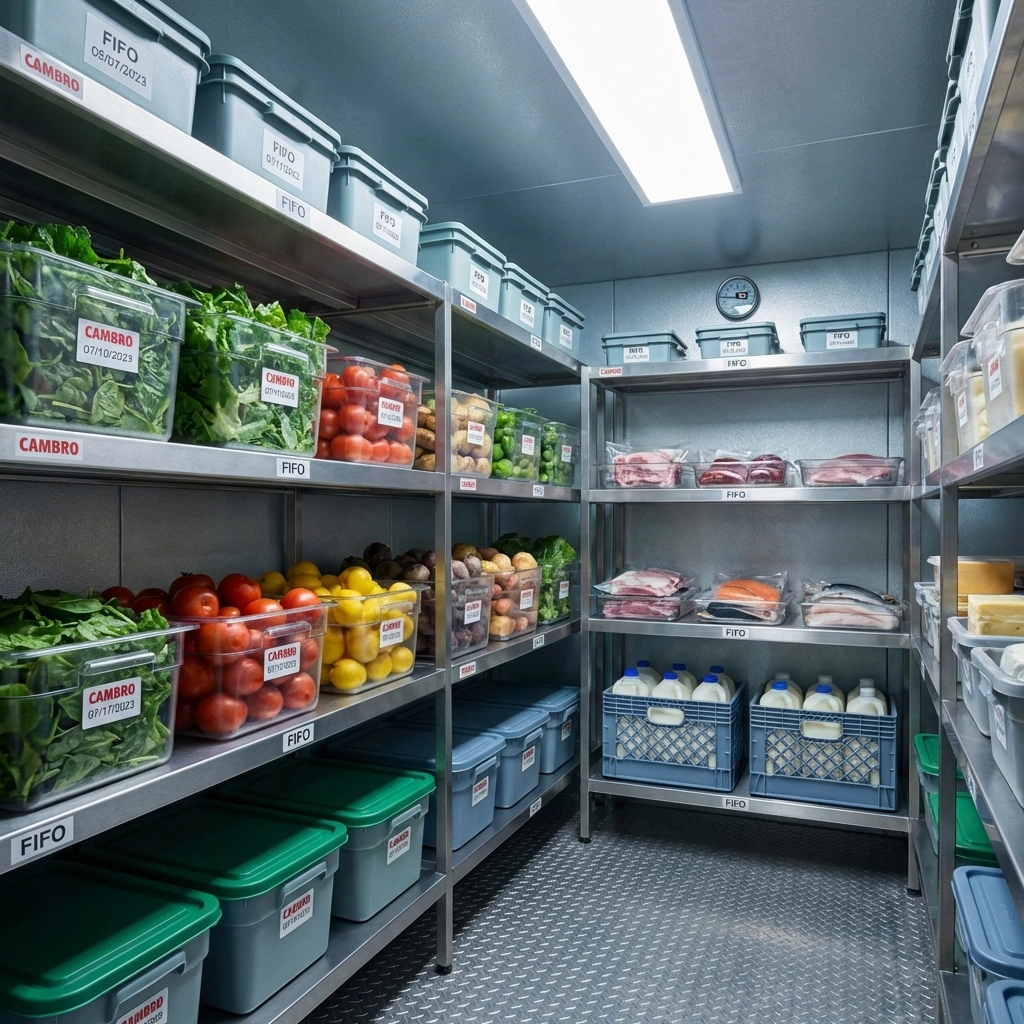 Restaurant walk-in cooler with organized shelves of fresh ingredients illustrating effective inventory management