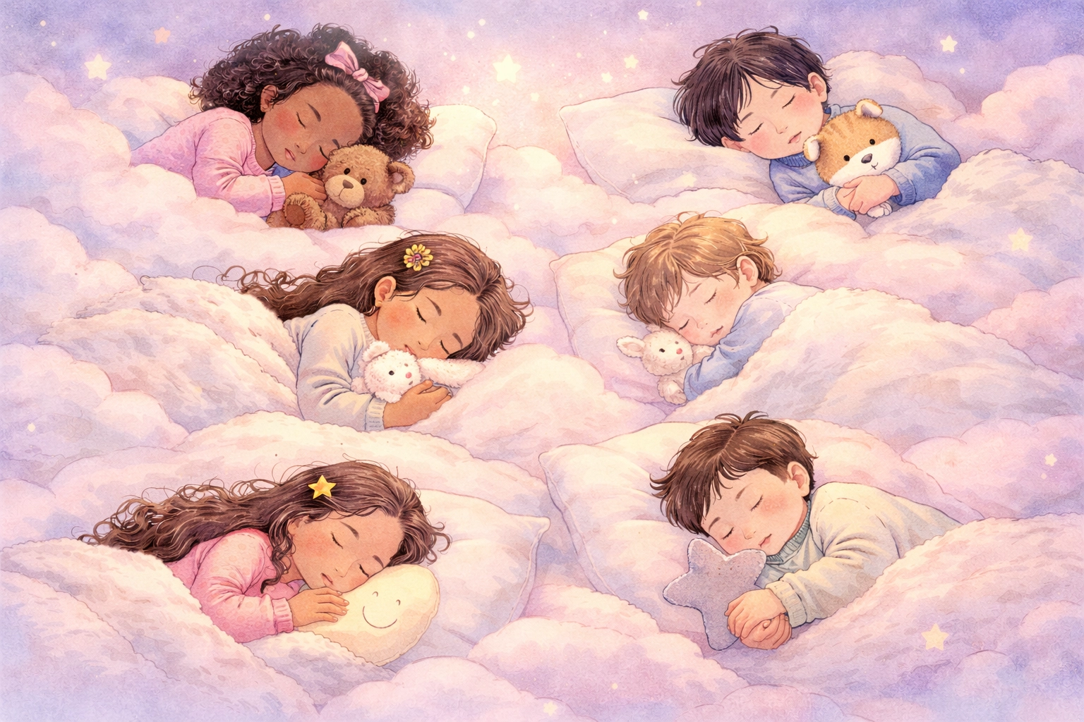 A peaceful illustration of a sleeping child surrounded by pastel clouds and stars, conveying nighttime bedwetting in children.