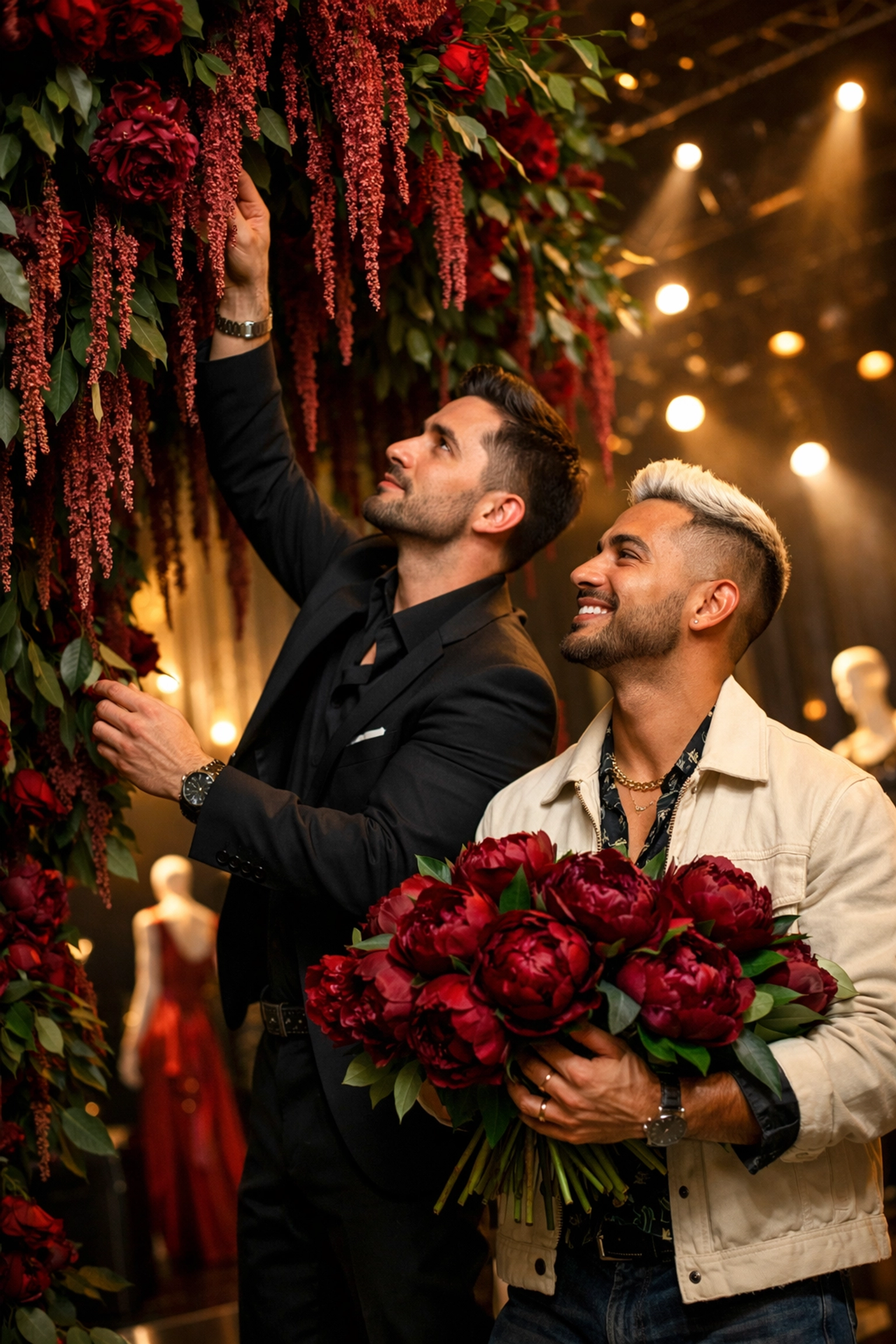Two gay florists creating grand floral installation with peonies at upscale fashion event