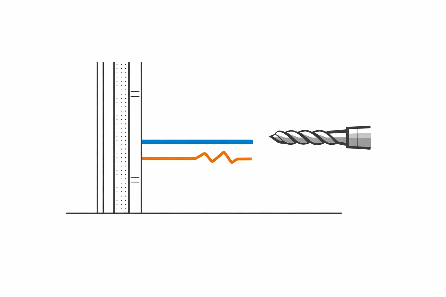 Minimalist cross-section of a wall showing a drill bit near hidden water pipes and electrical wires.