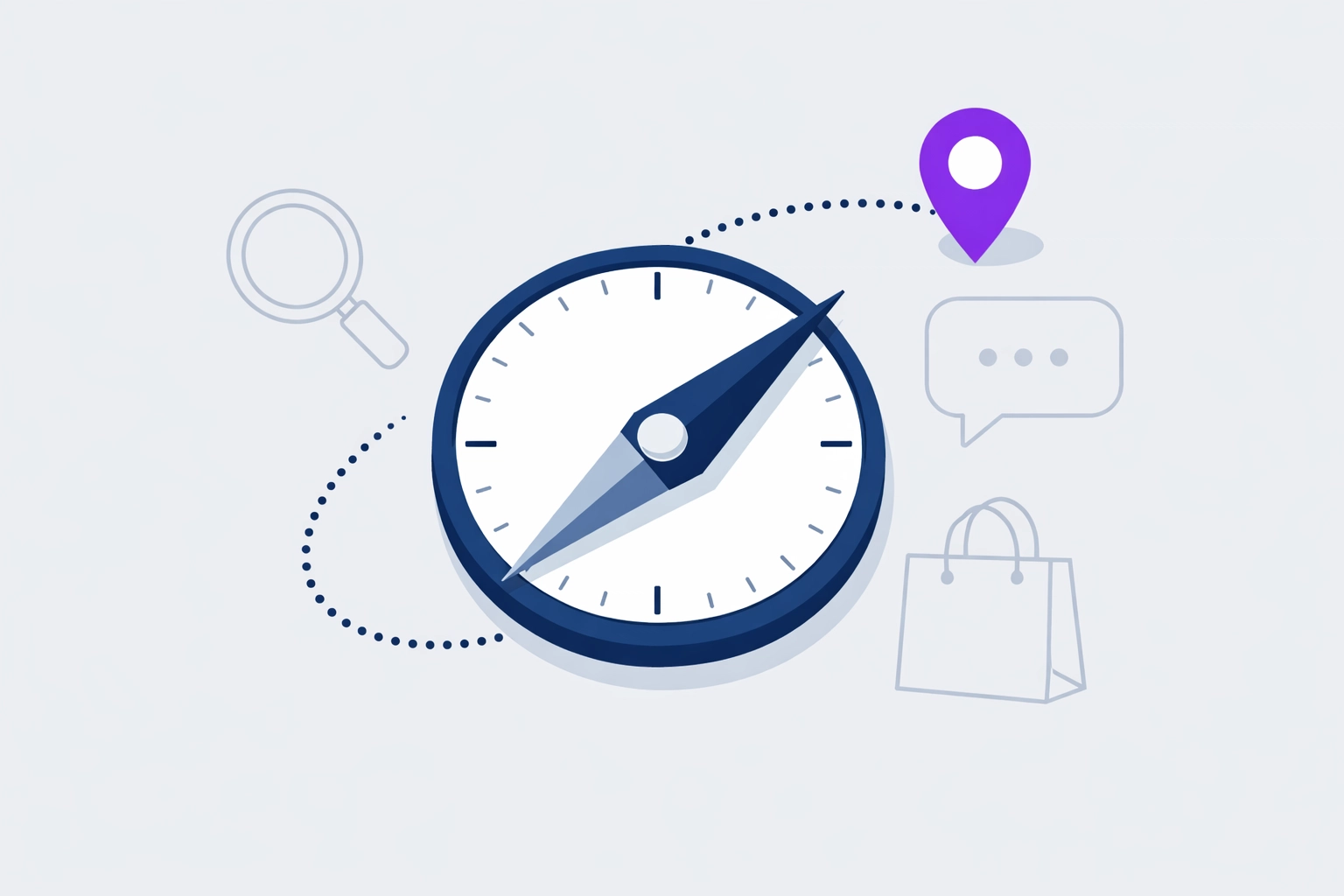 Modern compass pointing to customer journey touchpoints for Google Ads intent mapping.