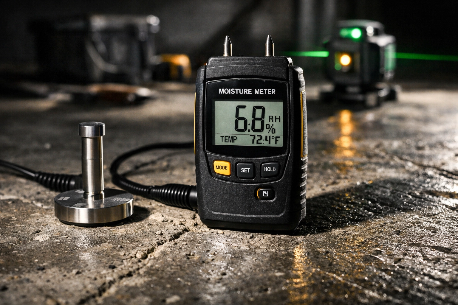 Professional subfloor moisture testing before commercial flooring installation in Houston