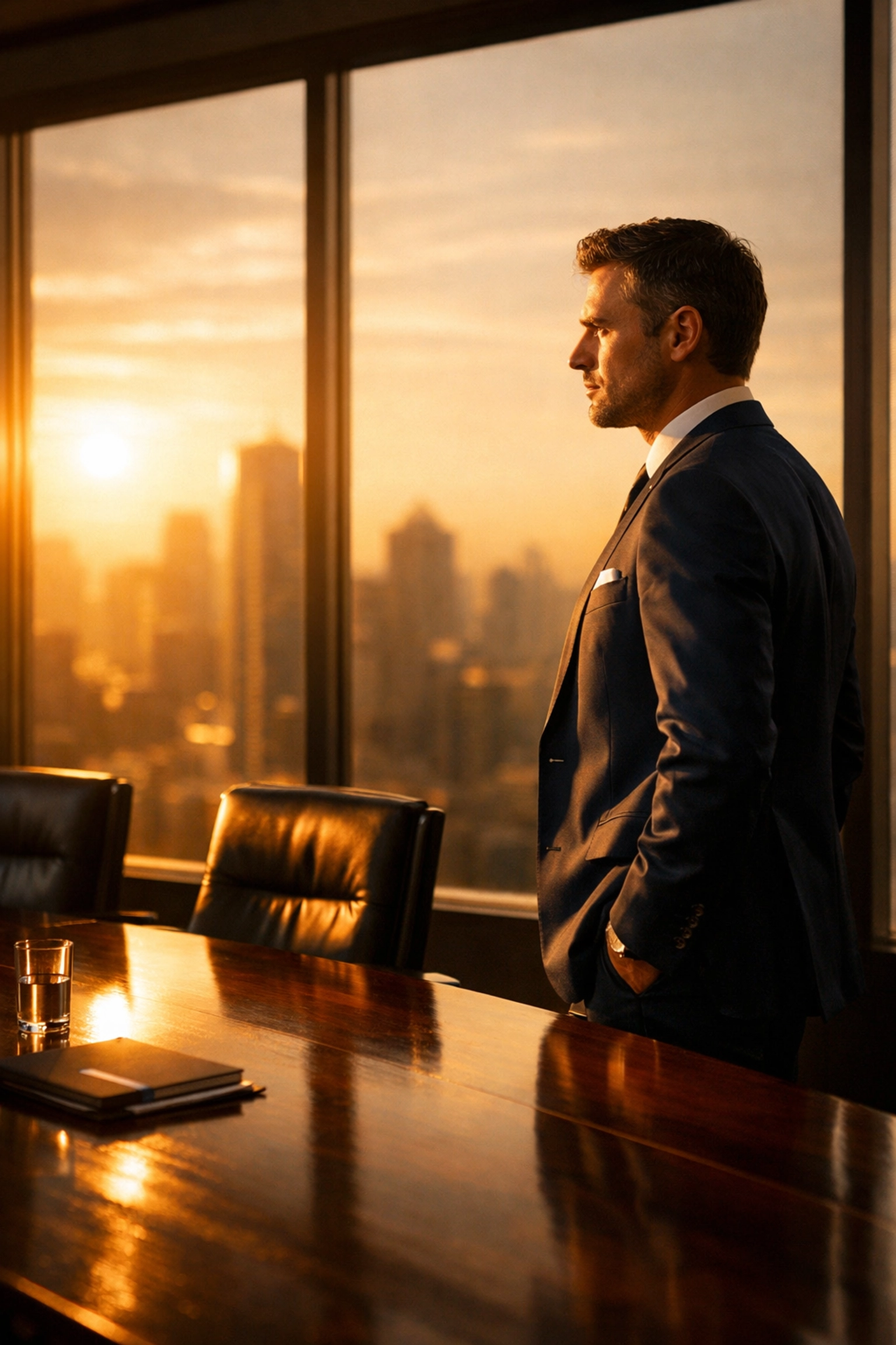 An executive in a boardroom overlooking the city, representing leadership reconstruction and reclaimed authority.
