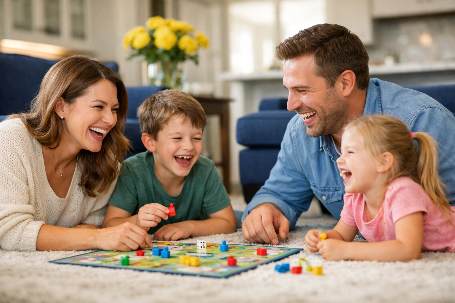 A happy family playing on a spotless area rug after a professional house cleaning Marlborough service.