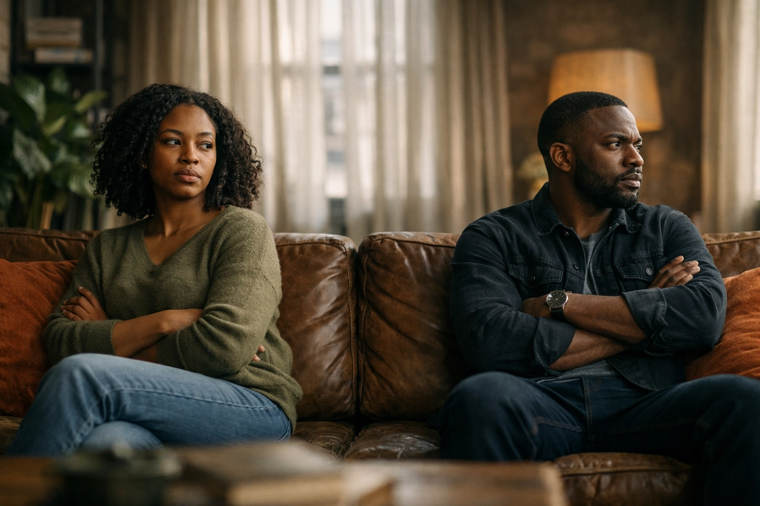 Black couple sitting apart on couch showing emotional distance caused by childhood trauma in relationships