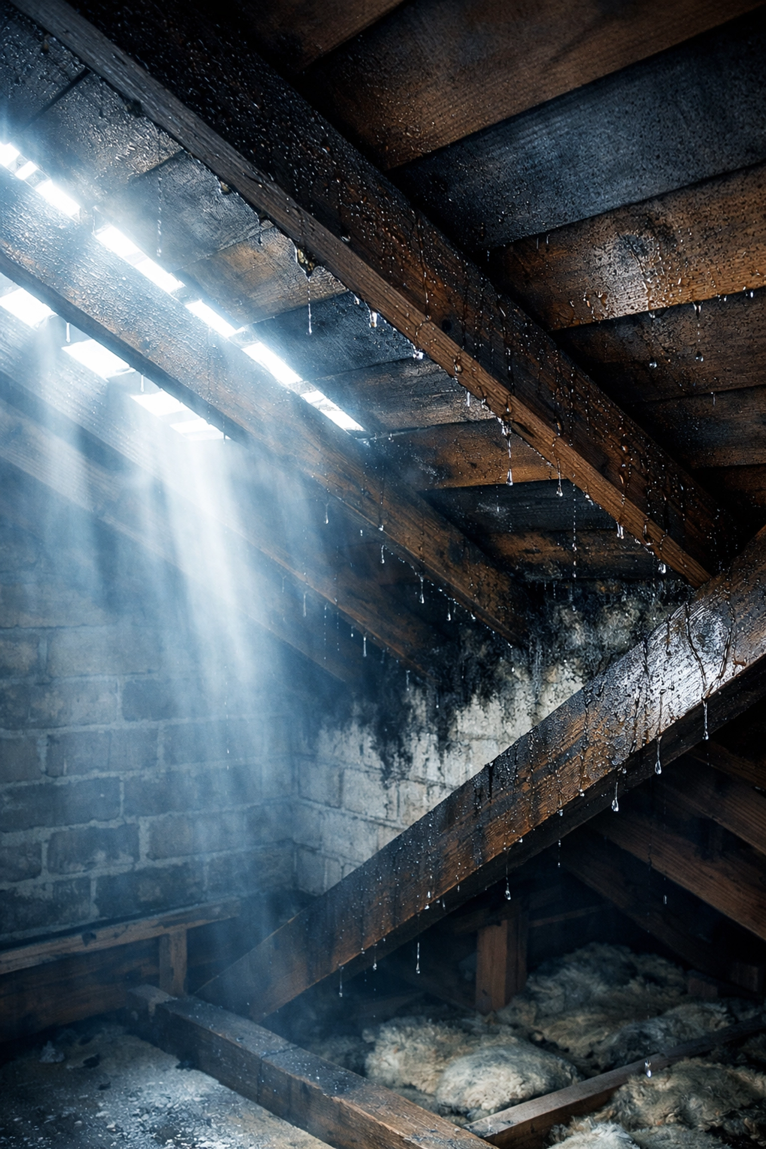 Condensation and black mould in loft rafters caused by poor roof ventilation