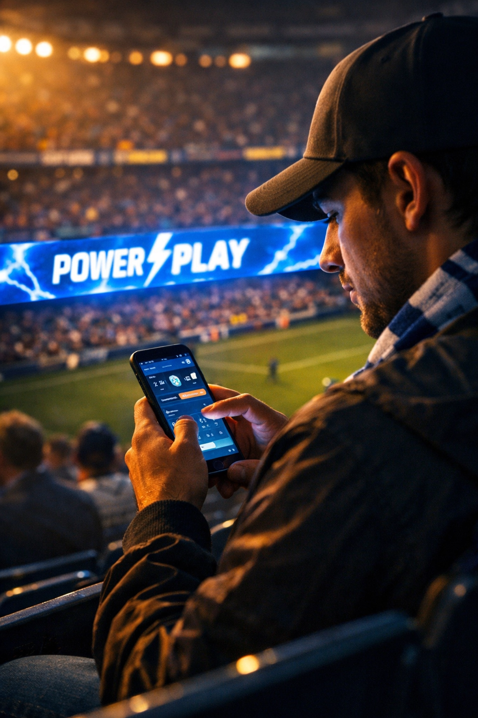 A fan interacting with a smartphone during a game, highlighting second-screen engagement with stadium DOOH.