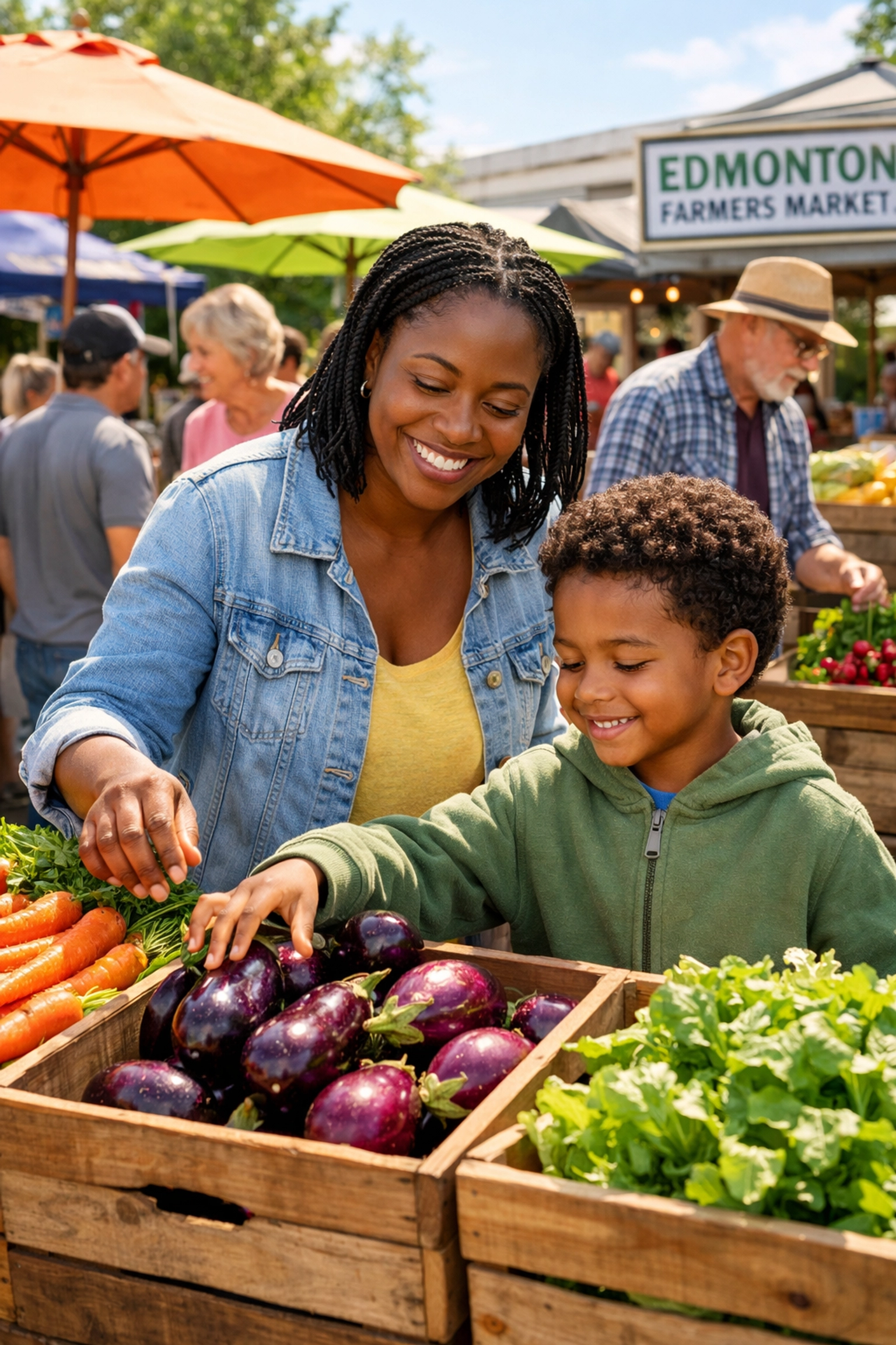 Black mother and child shopping for fresh produce at Edmonton farmers market
