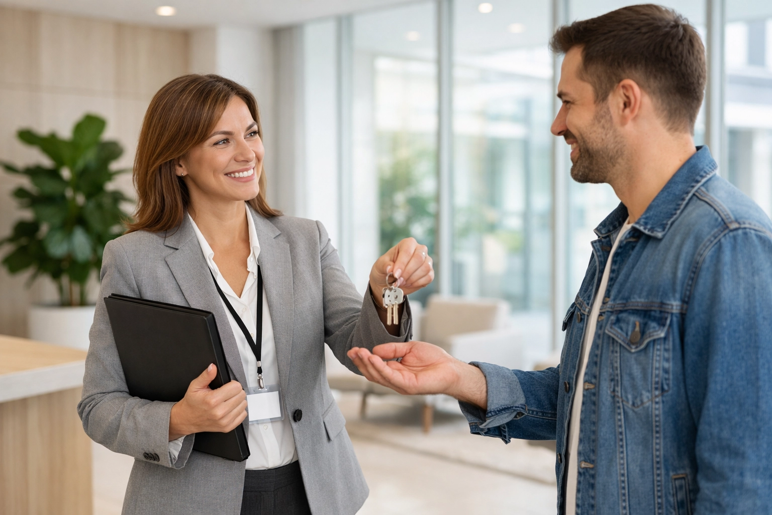 Property manager handing keys to a new tenant after a successful make-ready cleaning process.