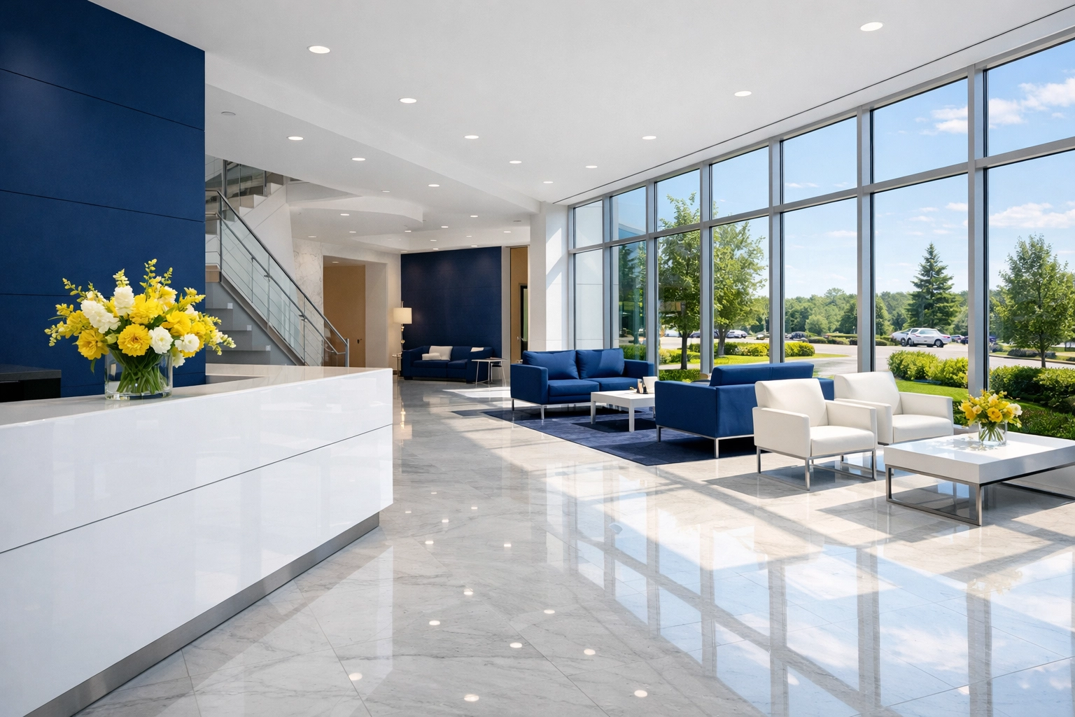 Pristine corporate lobby in Northborough featuring clean marble floors and professional office decor.