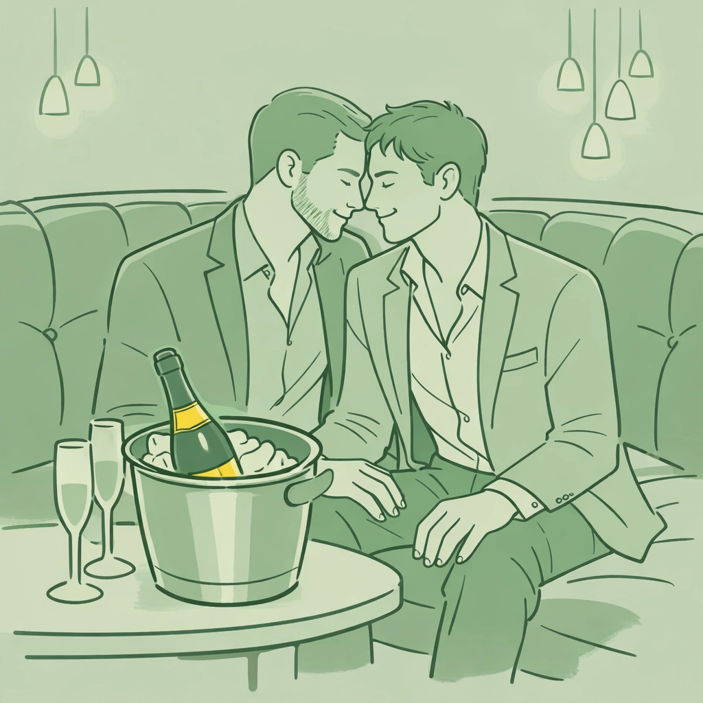 Gay couple in VIP booth with Veuve Clicquot champagne bottle service at upscale club