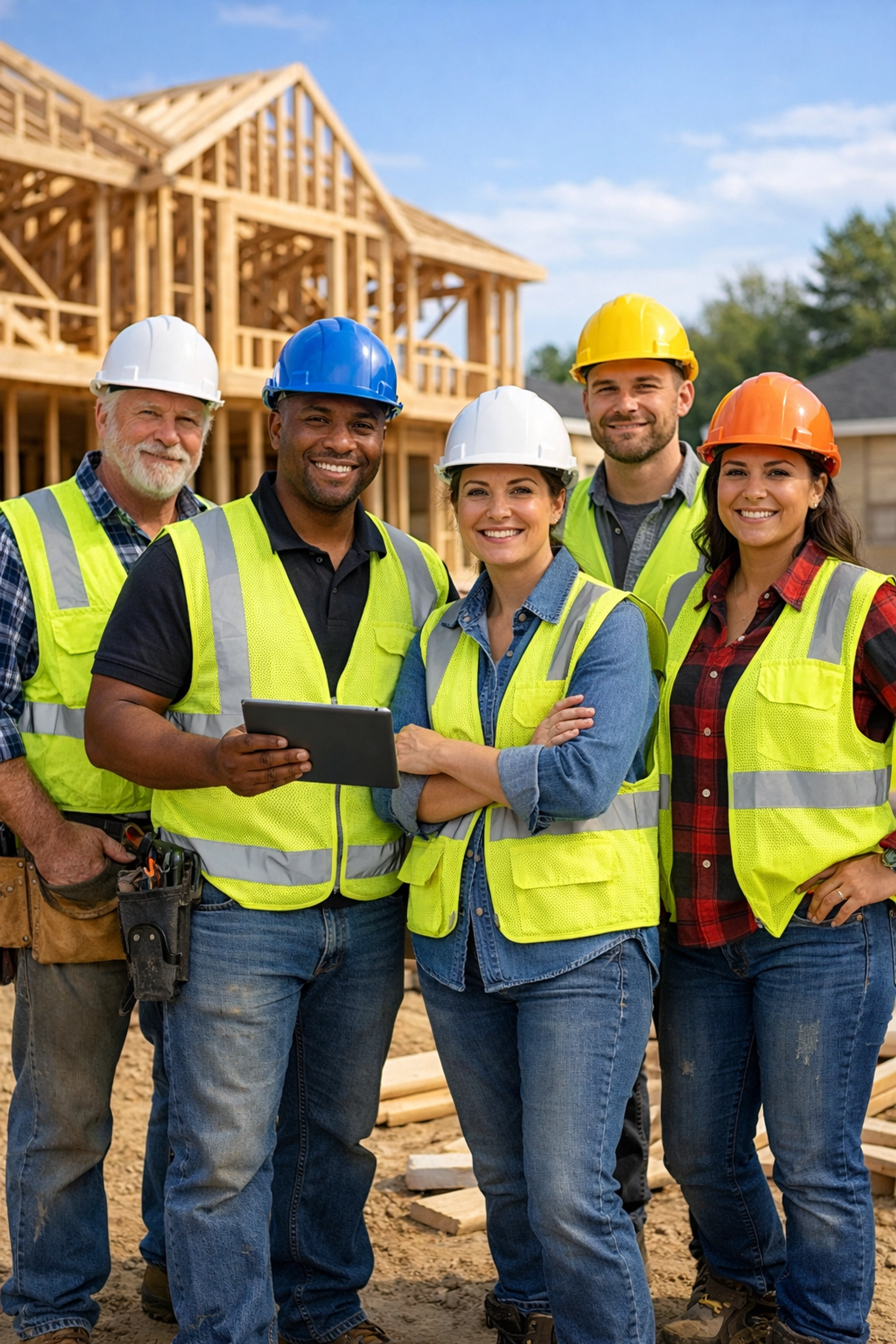 Diverse construction crew on a Connecticut job site protected by business insurance and workers' comp.