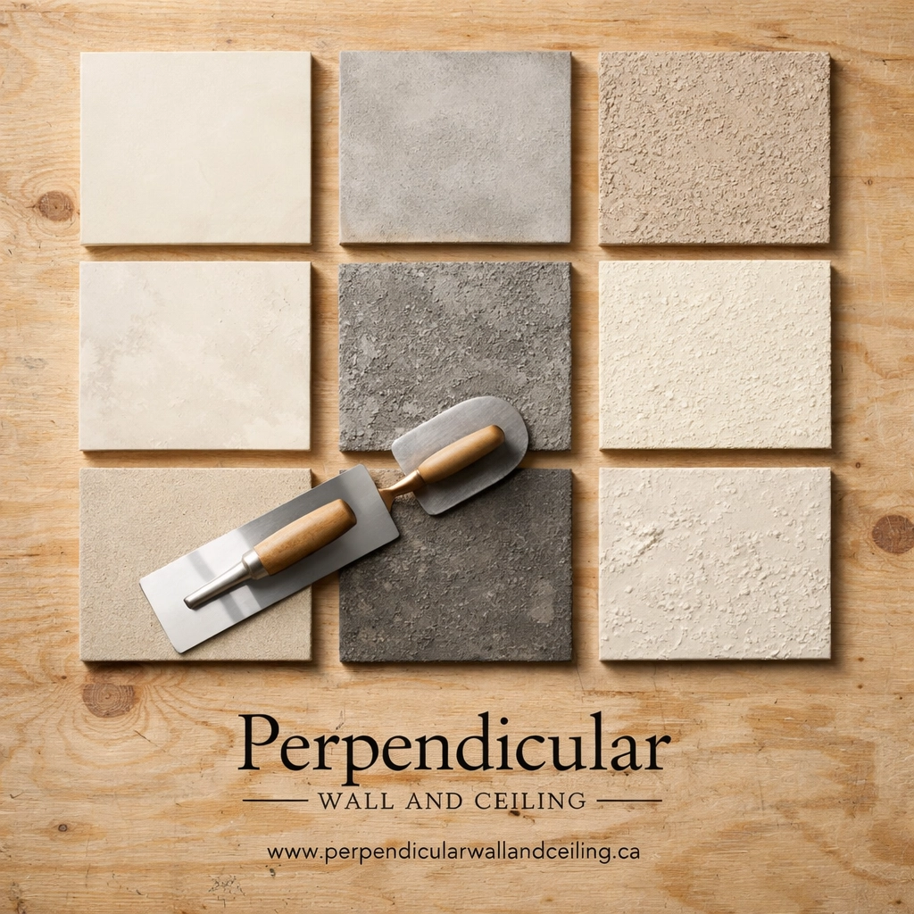 Wall texture sample boards with finishing tools showcasing various drywall finishing techniques