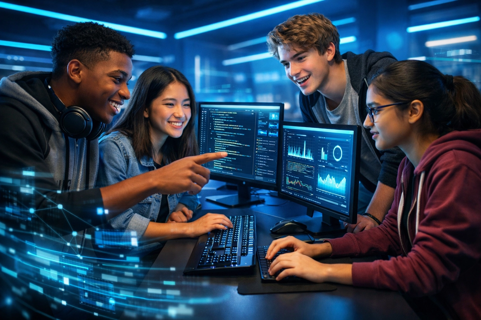 High school students developing technical skills at esports gaming stations with data visualizations