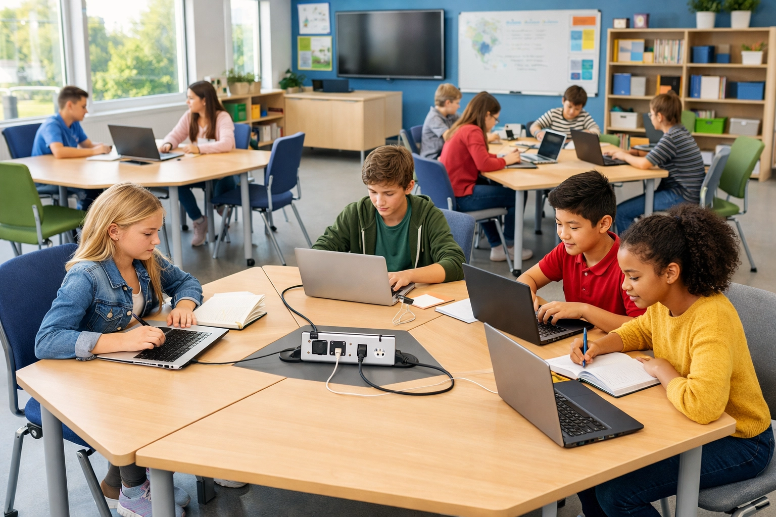 Students collaborating at modern classroom tables with laptops and built-in power access