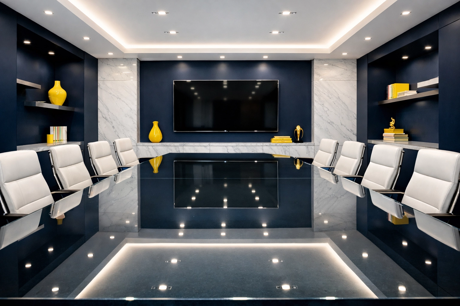 Professional office cleaning in Burlington for a luxury conference room with a gleaming glass table.