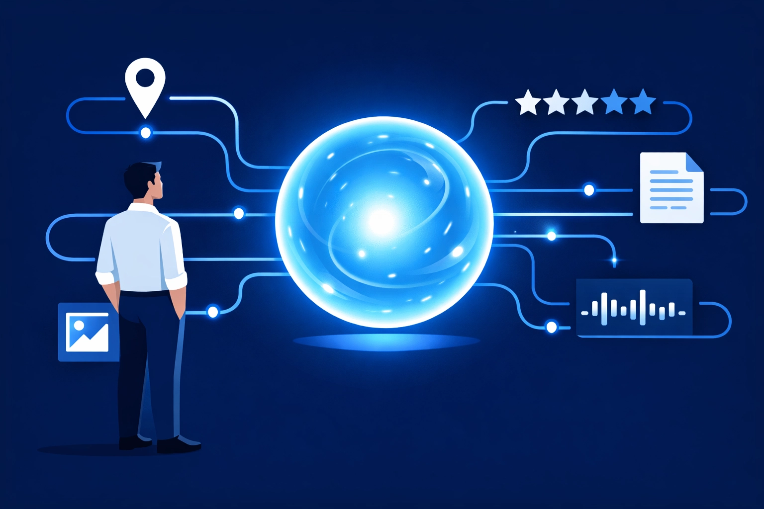 Illustration of a Monmouth County SEO expert optimizing digital data for AI search engines.