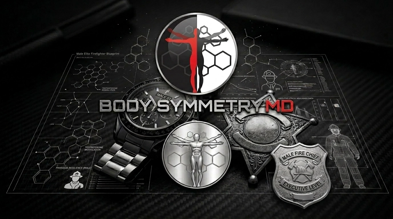 A tactical-medical image featuring executive and firefighter elements, updated to reflect male firefighters managing health as a business asset.