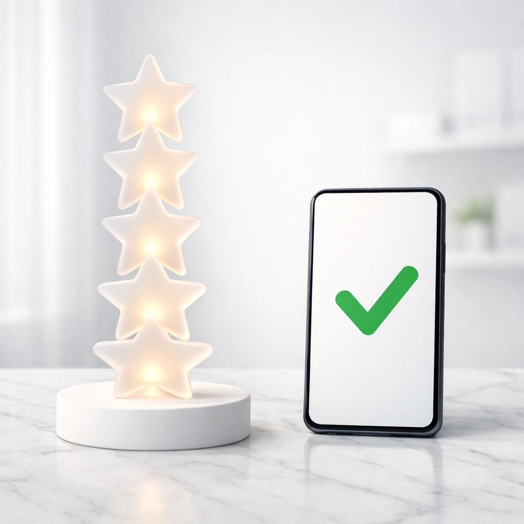 Five-star rating icons and a smartphone illustrating a chiropractor's strong online reputation.
