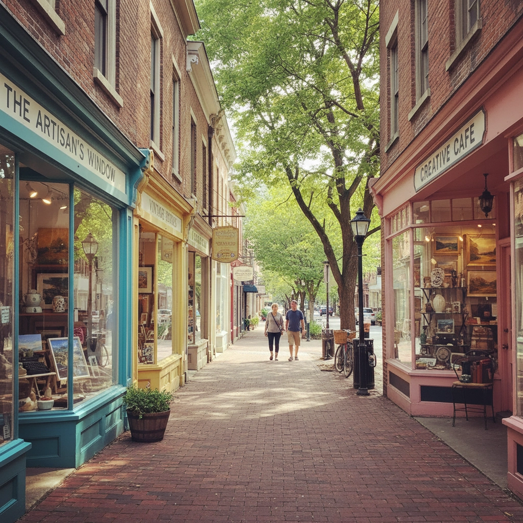 A charming street view in Collingswood, South Jersey, featuring local shops, cafes, and vibrant street art, reflecting its arts and foodie reputation.