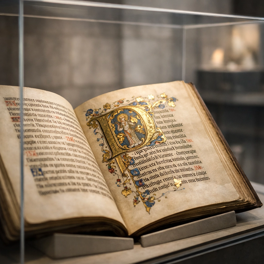 Ancient gold-leaf illuminated manuscript on display, perfect for educational private museum tours in NYC.