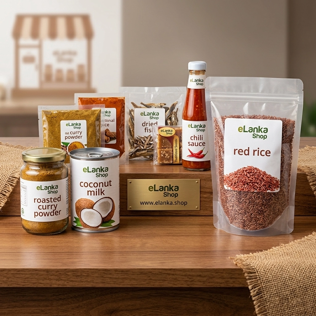 A collection of Sri Lankan grocery products and spices from the eLanka Shop.