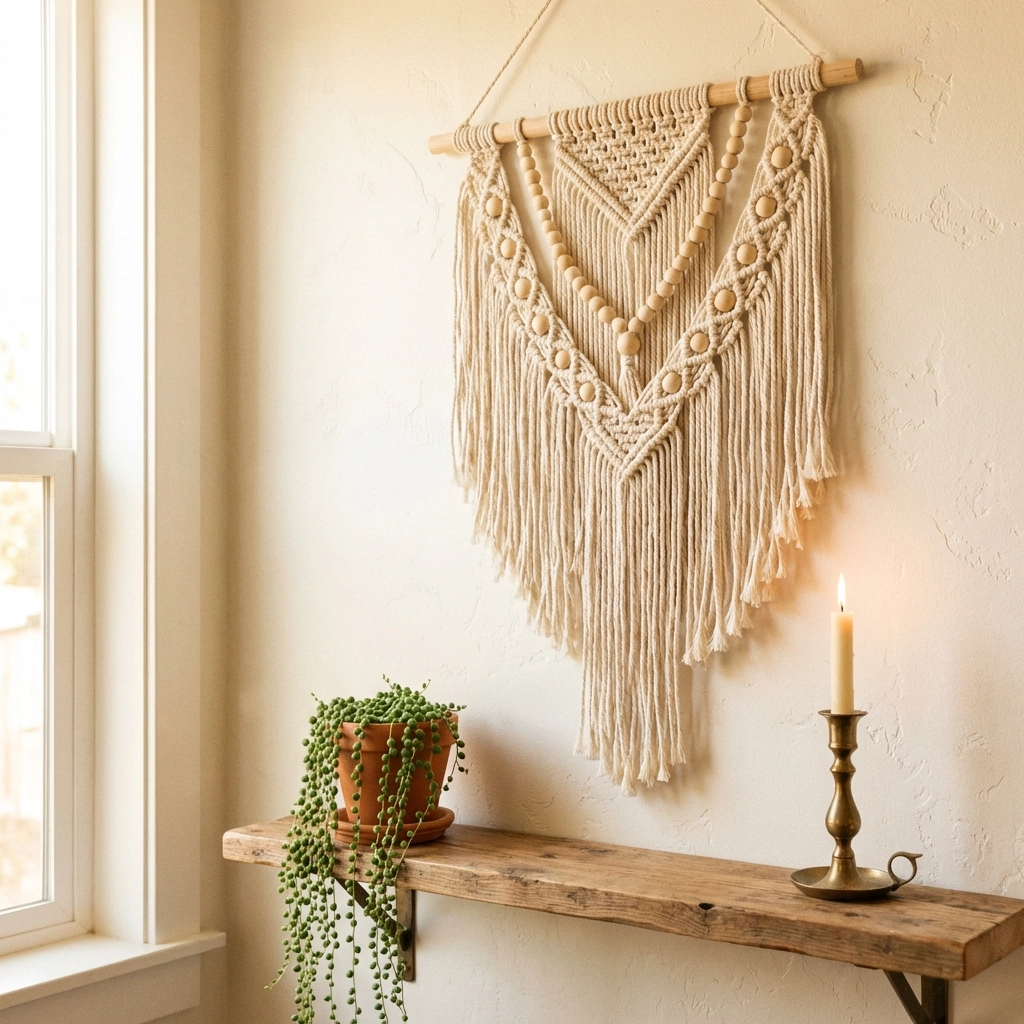 Bohemian macramé wall hanging with intricate knots and fringe, styled in cozy home decor for craft show inspiration