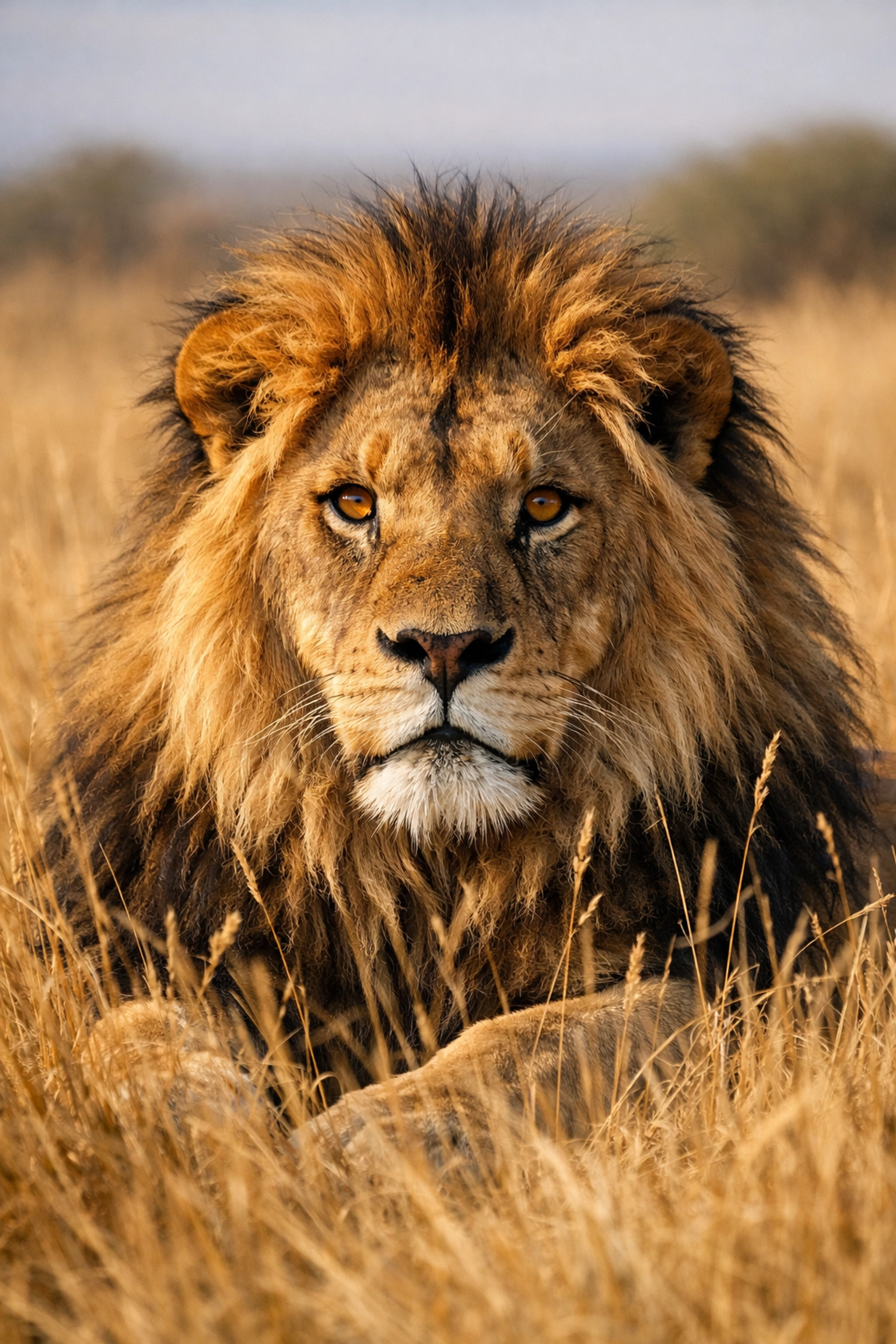 A professional portrait of an African lion in natural grass for a zoo species spotlight campaign.