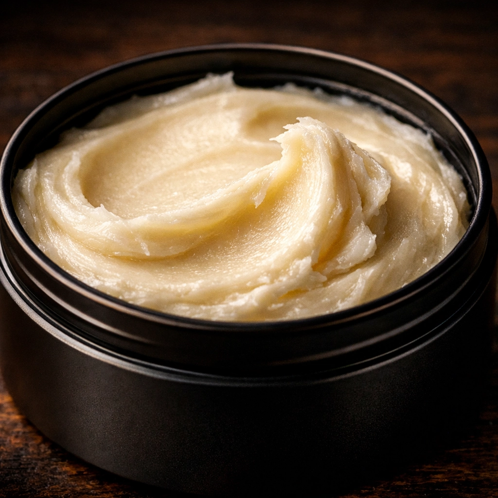 Creamy whipped ivory beard butter in a matte black tin showing its smooth and velvety texture.