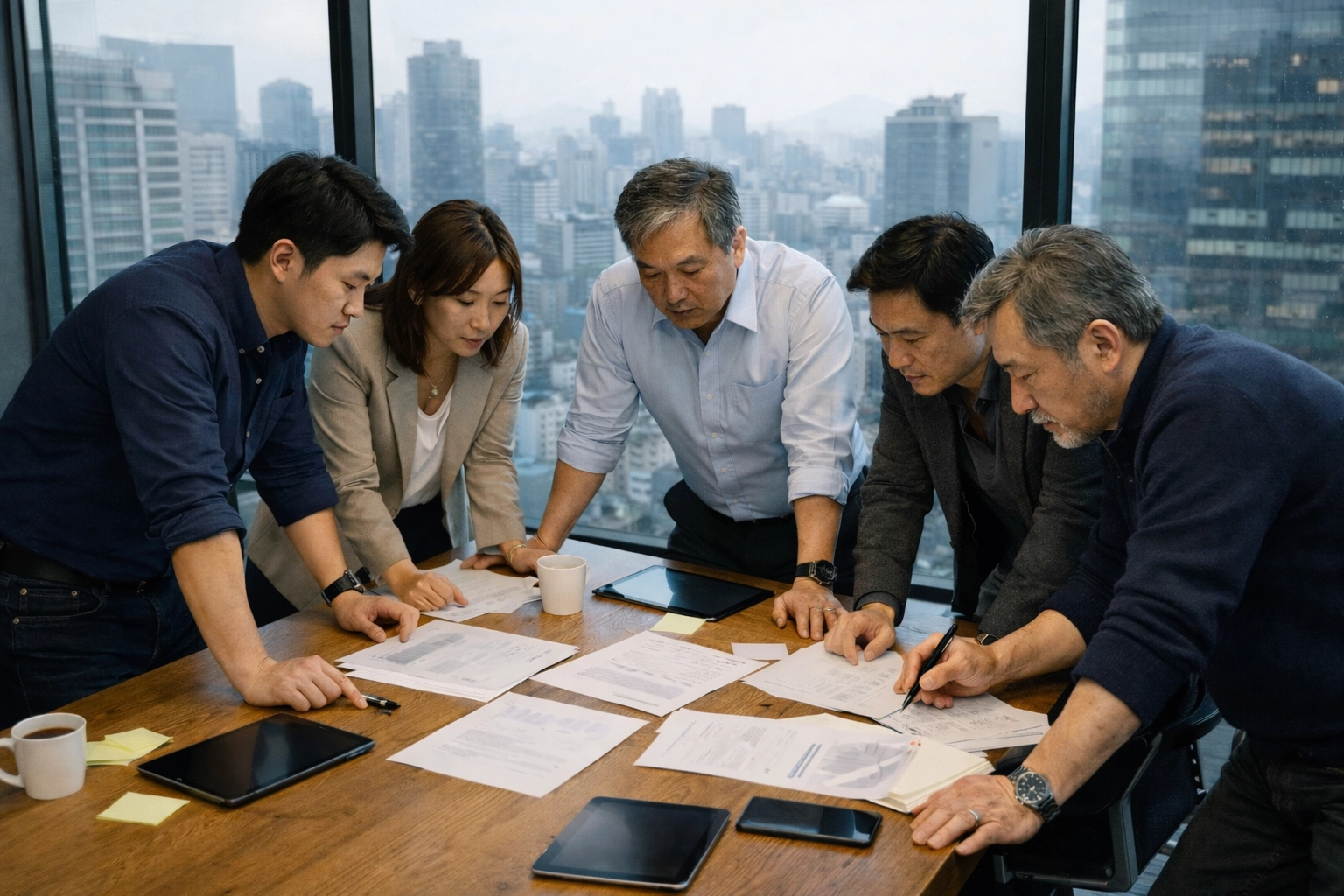 Corporate executives in Seoul planning Wrtn Technologies' international business expansion strategy.