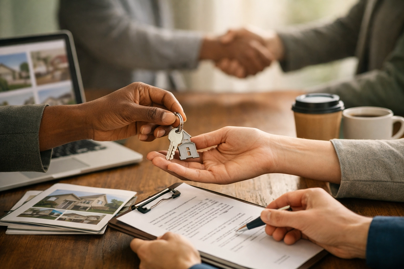 Nashville real estate investors exchanging property keys and documents at closing meeting