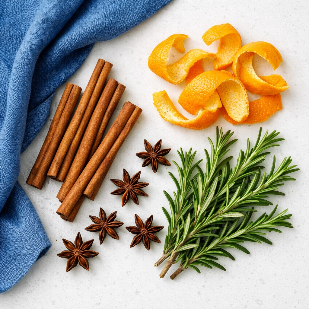 Natural simmer pot ingredients including cinnamon sticks, star anise, and orange peels on a clean quartz surface.