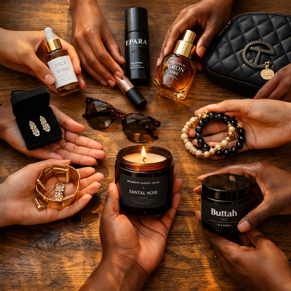Shop Black-Owned Brands: 10 Things You Should Know Before You Buy Diverse hands reaching for Black-owned brand products including candles, jewelry, and accessories