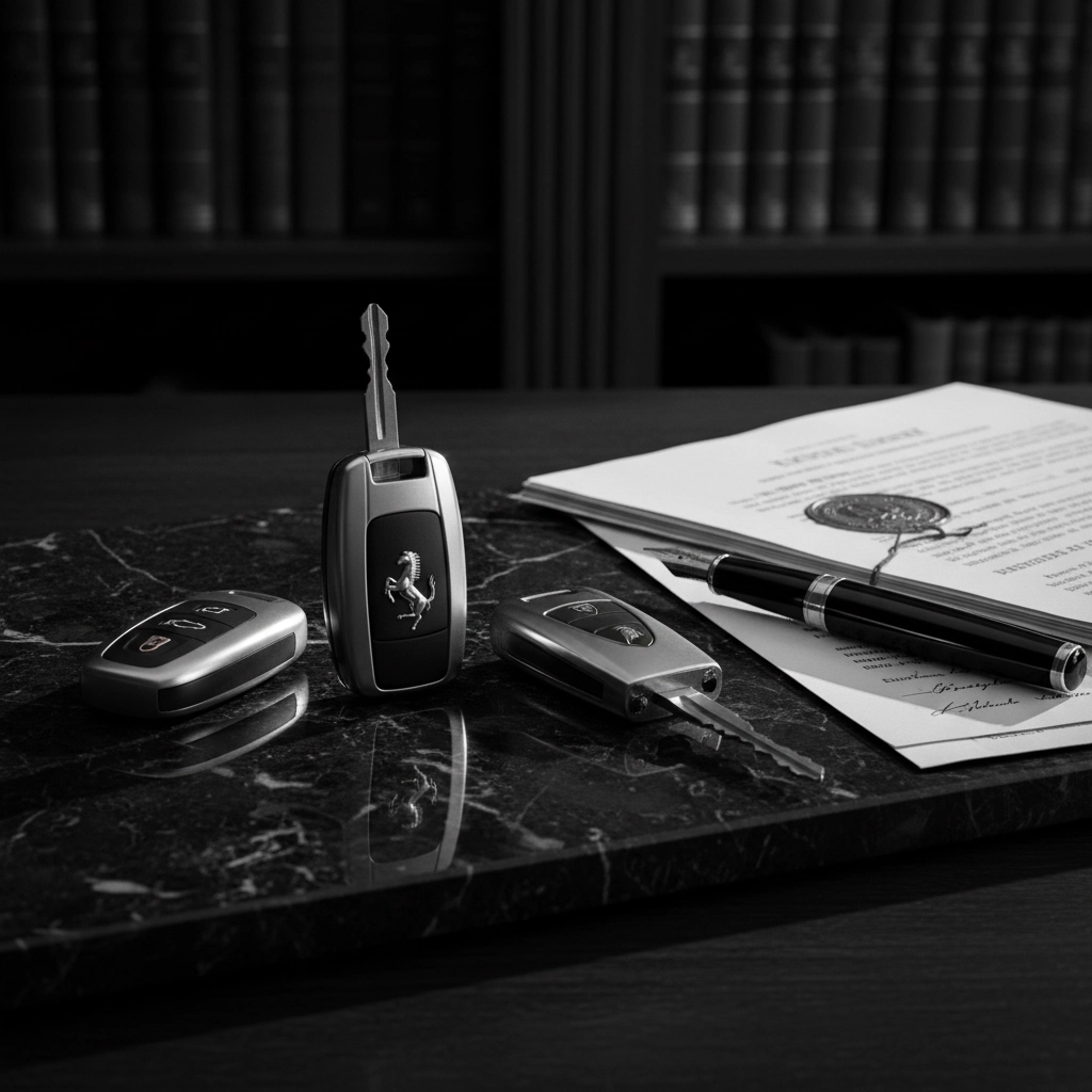 Luxury sports car parked in dramatic, high-contrast lighting