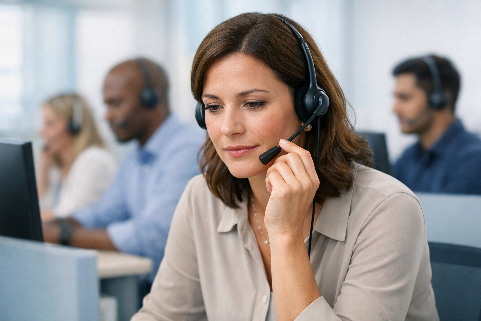 Behavioral health admissions counselor handling high-stress call with supportive team