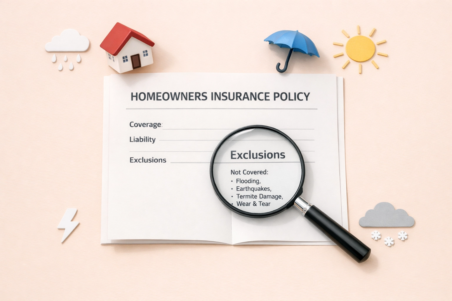 Homeowners insurance policy document with magnifying glass reviewing coverage exclusions and limitations