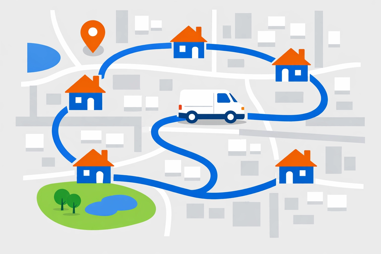 Illustration of optimized HVAC technician routing on a city map showing efficient job sequencing.