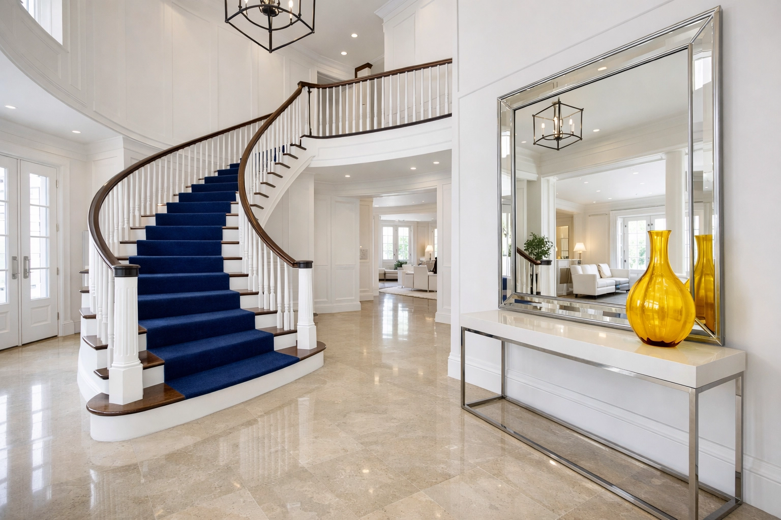 Clean and organized modern foyer in a Foxborough estate showing professional floor care.