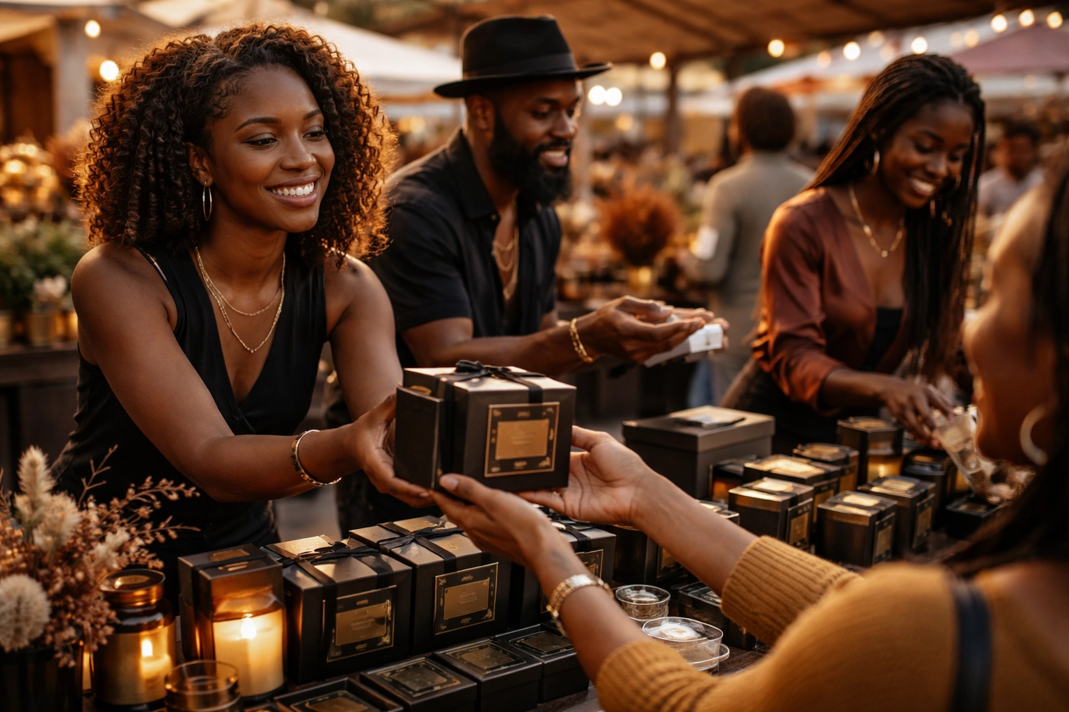 How to Support Black Entrepreneurs and Make Every Purchase Count Black entrepreneurs exchanging products and money at an outdoor market, supporting economic empowerment.