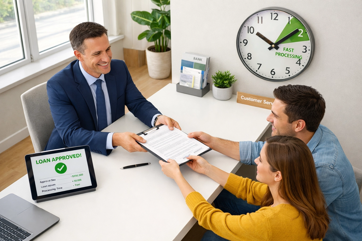 Bank loan officer processing customer application with digital ServiceNow dashboard